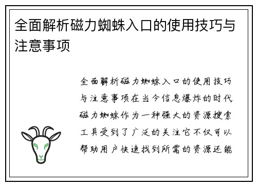 全面解析磁力蜘蛛入口的使用技巧与注意事项